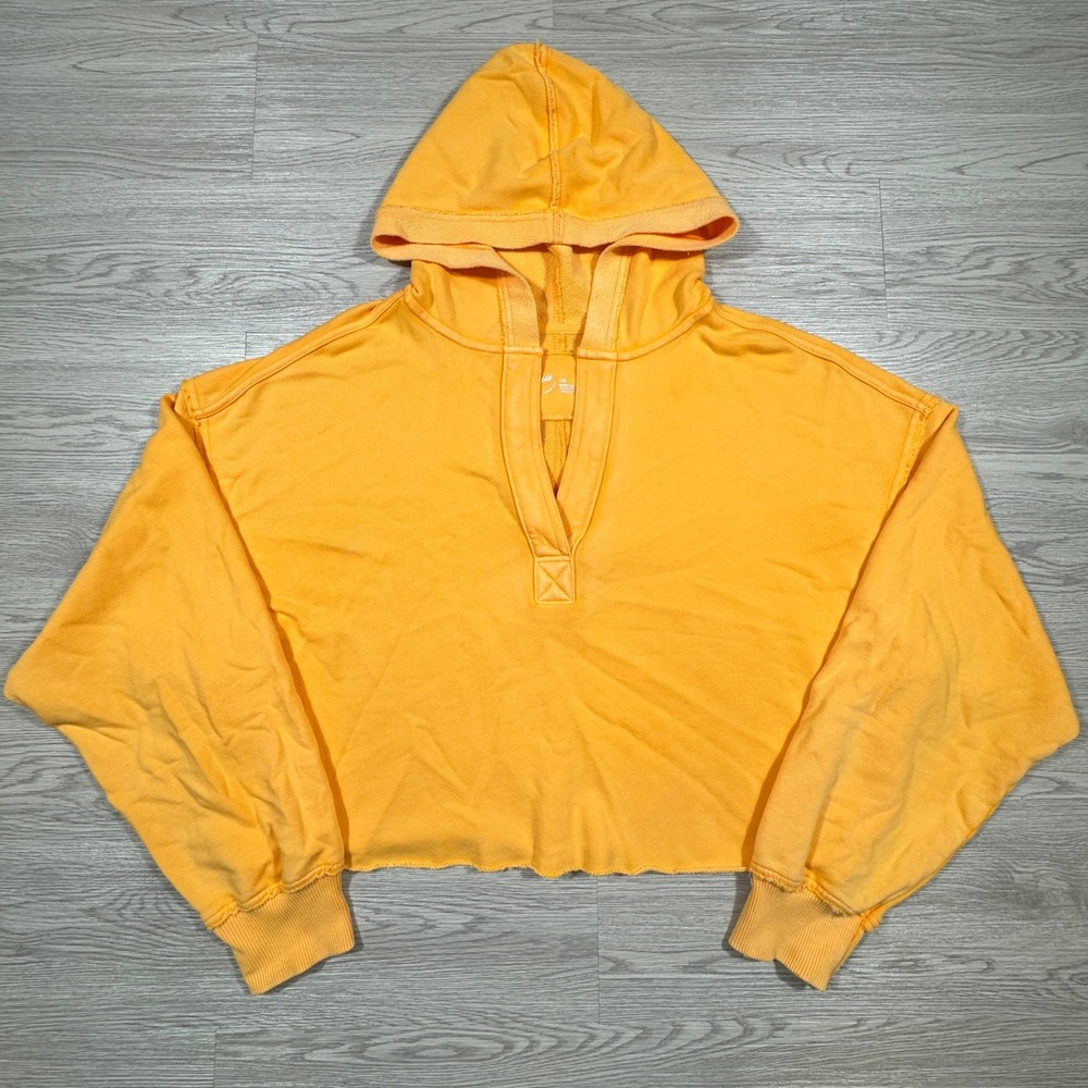 Aerie Womens Hoodie Sweatshirt Yellow Orange Size L Cropped V-Neck Raw Hem - Picture 2 of 7